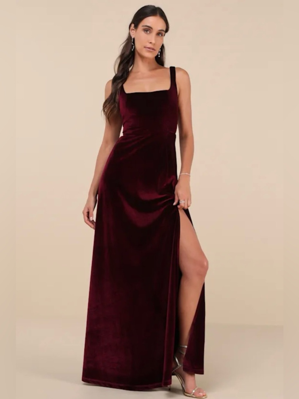 Lulus Graceful Invite Dark Plum Velvet Square Neck Lace-Up Maxi Dress S NWT